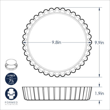 Nordic Ware quiche and tart pan technical drawing showing 9.8-inch round fluted aluminum pan with measurements