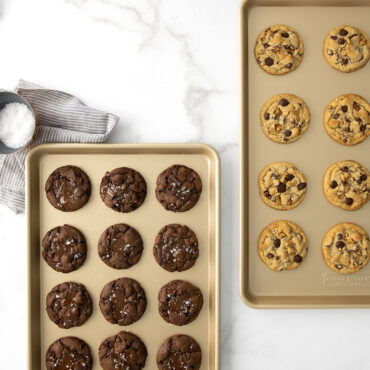 Nordic Ware nonstick big sheet baking pans with chocolate and chocolate chip cookies, golden aluminum finish
