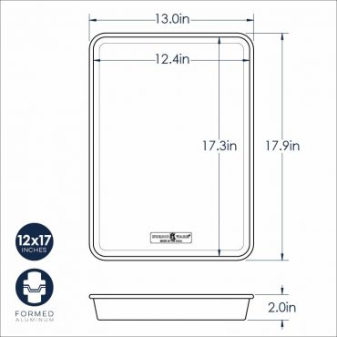 Nordic Ware aluminum high-sided sheet cake pan technical drawing with dimensions, 13x17.9 inches