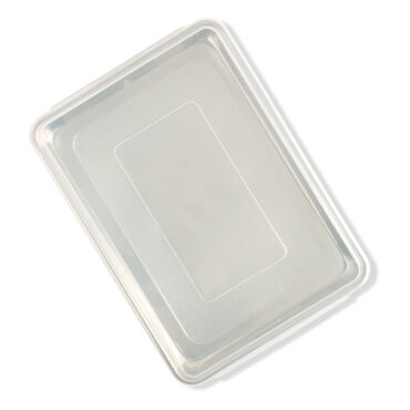 Nordic Ware aluminum rectangular sheetcake pan with clear plastic lid, natural silver finish, high sides