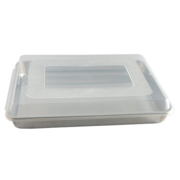 Nordic Ware aluminum high-sided rectangular sheet cake pan with clear plastic lid, natural silver finish