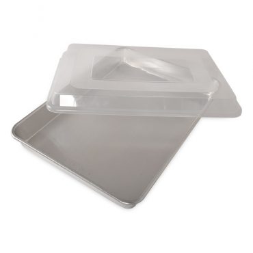 Nordic Ware aluminum high-sided sheet cake pan with clear plastic lid, natural silver finish