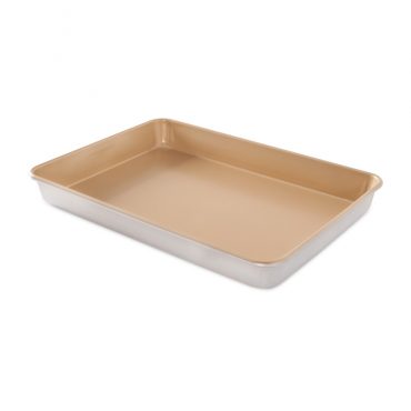 Nordic Ware aluminum rectangular baking pan with high sides, natural silver exterior and golden nonstick interior