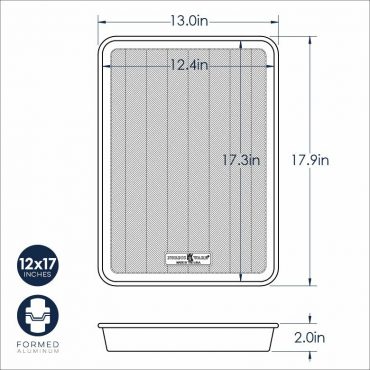 Nordic Ware Prism high-sided baking pan technical diagram showing 12x17 inch aluminum pan dimensions