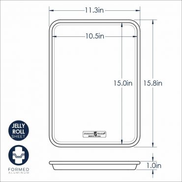 Nordic Ware Naturals aluminum jelly roll pan dimensional drawing showing 15.8x11.3 inch measurements