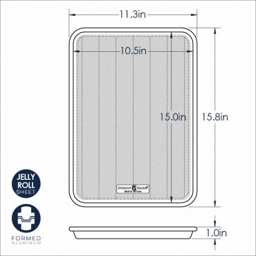 Nordic Ware Prism jelly roll pan technical drawing showing aluminum rectangular baking sheet dimensions