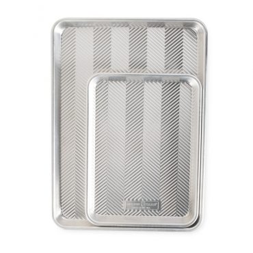Two Nordic Ware Prism aluminum baking sheets, quarter and half sheet sizes, natural silver finish with raised rims