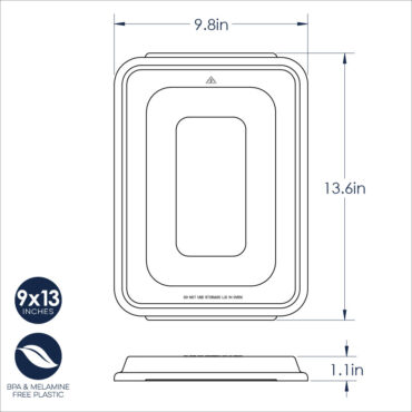 Technical drawing showing dimensions of Nordic Ware clear plastic storage lid for quarter sheet and 9x13 pans