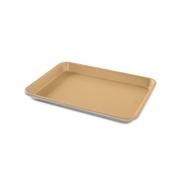 Nordic Ware aluminum quarter sheet baking pan with nonstick coating, rectangular with raised rim