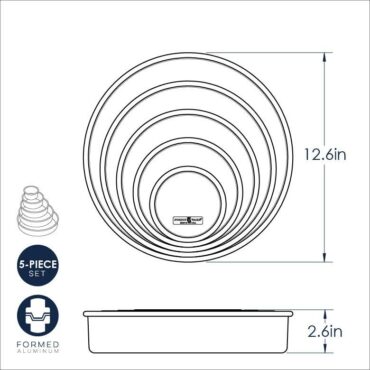 Nordic Ware Naturals aluminum round cake pans in 5 graduated sizes, natural silver finish, nested together