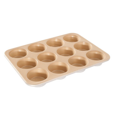 Light aluminum 12-cup muffin pan with nonstick coating, showing deep rounded cavities in 3x4 grid formation