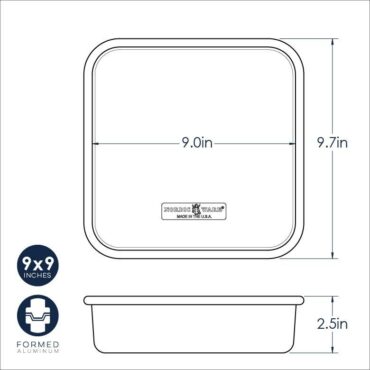 Nordic Ware Naturals aluminum 9-inch square cake pan with dimensional measurements and specifications diagram
