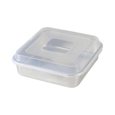 Nordic Ware aluminum square cake pan with clear plastic lid closed, natural silver finish