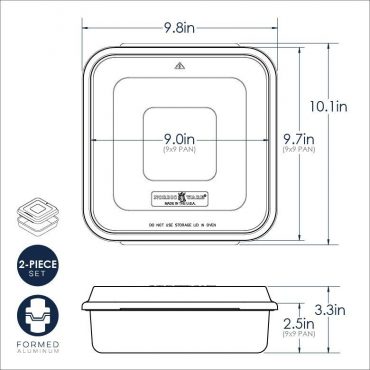 Technical diagram showing dimensions and measurements for Nordic Ware Naturals 9-inch square aluminum cake pan with lid