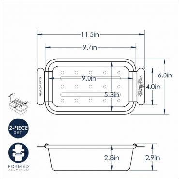 Nordic Ware Naturals aluminum meatloaf pan with lifting trivet technical diagram showing dimensions and construction details