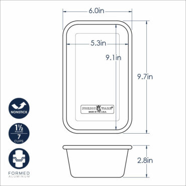 Nordic Ware Naturals nonstick aluminum loaf pan dimensional diagram showing 9.1x5.3x2.8 inch measurements