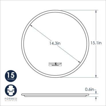 Nordic Ware aluminum pizza pan dimensional diagram showing 14.3-inch diameter with raised rim, side profile view