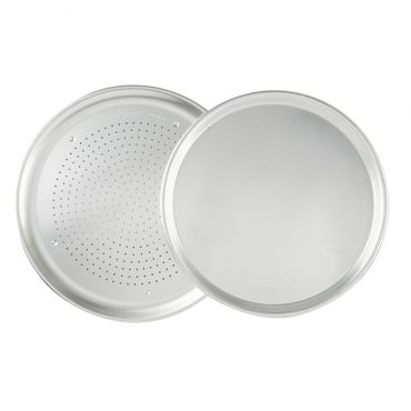 Two Nordic Ware aluminum pizza pans, one perforated crisper pan and one traditional solid pan, natural finish