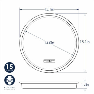 Nordic Ware 14-inch deep dish pizza pan dimensional diagram showing 15.1-inch outer diameter and 1.6-inch depth