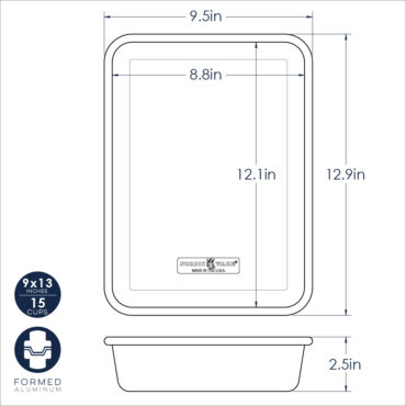 Nordic Ware Naturals 9x13 rectangular cake pan dimensional drawing with measurements and depth specifications