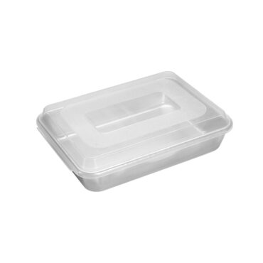 Nordic Ware Naturals aluminum 9x13 rectangular cake pan with clear plastic storage lid, natural finish