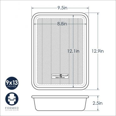 Nordic Ware Prism 9x13 rectangular baking pan dimensional drawing with measurements and side profile view