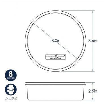 Nordic Ware 8-inch round aluminum cake pan dimensional drawing showing 8.6-inch diameter and 2.5-inch depth