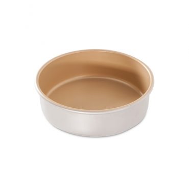 Nordic Ware 8-inch round aluminum cake pan with gold nonstick interior and natural silver exterior