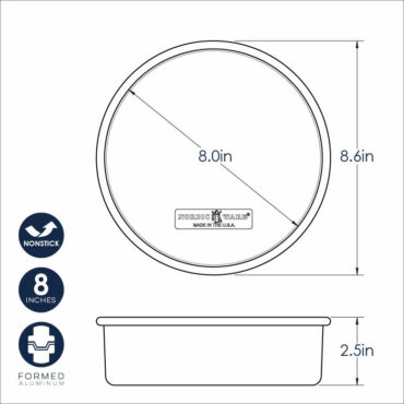Nordic Ware aluminum 8-inch round layer cake pan with nonstick coating, dimensional diagram showing measurements