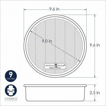 Nordic Ware Prism 9-inch round cake pan dimensional drawing showing aluminum construction and measurements