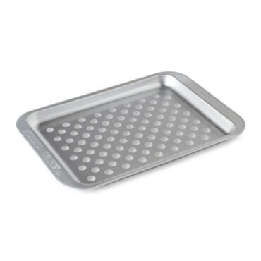 Nordic Ware aluminum crisping sheet with perforated holes throughout, rectangular compact size, natural silver finish