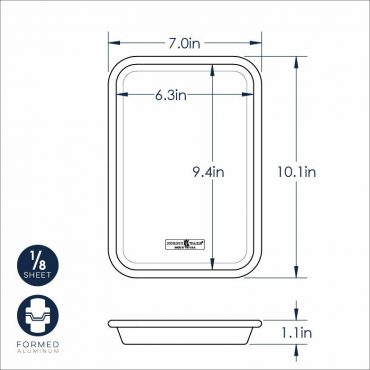 Nordic Ware aluminum eighth sheet pan dimensional drawing showing 7x10 inch measurements and 1.1 inch depth