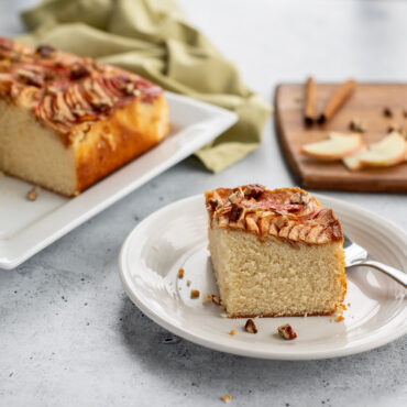 Golden spice cake baked in Nordic Ware Naturals aluminum 8-inch square cake pan, natural finish
