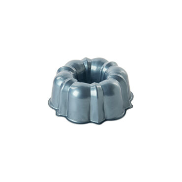 Nordic Ware 3-cup aluminum bundt pan in twilight blue, small fluted baking mold with center tube