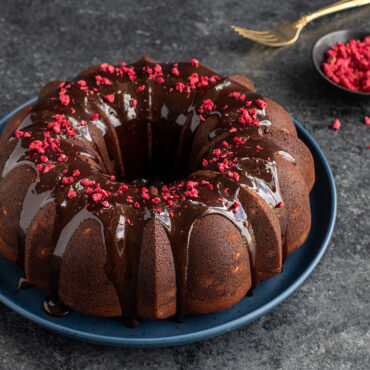 Chocolate bundt cake baked in Nordic Ware Anniversary bundt pan, showing detailed fluted pattern and rich brown color