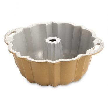 Nordic Ware Anniversary Bundt pan interior view, gray nonstick coating with side handles and fluted design