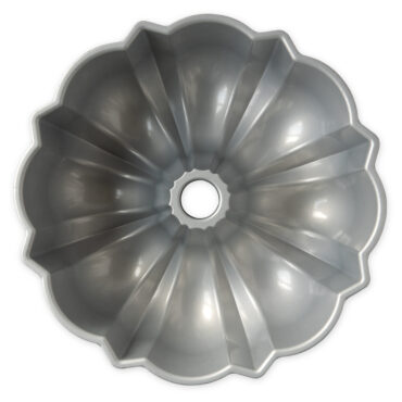 Nordic Ware aluminum bundt pan with silver nonstick interior, overhead view showing fluted ring design