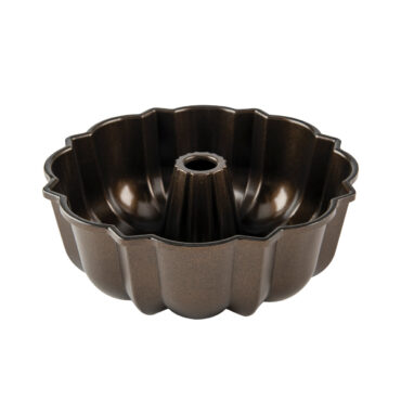 Nordic Ware cast aluminum bundt pan with bronze nonstick interior, fluted design visible from inside view