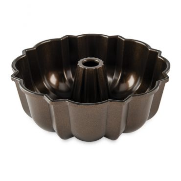 Nordic Ware cast aluminum bundt pan with bronze nonstick interior, fluted design visible from inside view