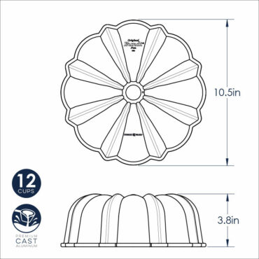 Nordic Ware cast aluminum 12-cup bundt pan with fluted design, silver finish, shown with dimensional specifications