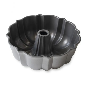 Nordic Ware Original Bundt pan interior view, aluminum with dark nonstick coating and fluted design