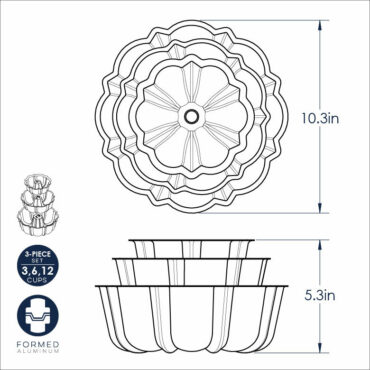 Nordic Ware 3-piece formed aluminum bundt pan set dimensional drawing, mint exterior with white interior