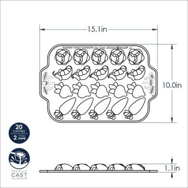 Nordic Ware aluminum Garden Patch cakelet pan with six vegetable-shaped cavities including carrots, peas, and corn