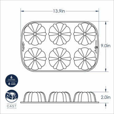 Nordic Ware Classic Bundtlette pan dimensional drawing showing 6 fluted cavities, 13.9x9 inch aluminum baking pan
