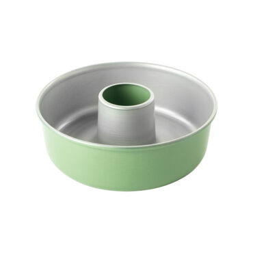 Nordic Ware aluminum tube cake pan in aurora green with central funnel and fluted bottom design