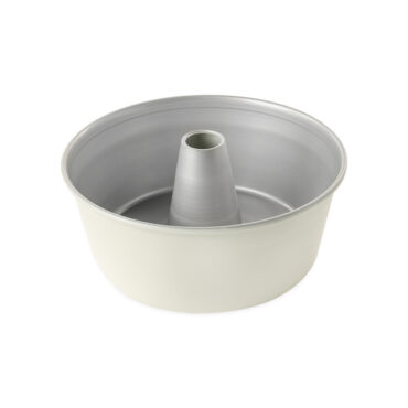 Nordic Ware aluminum angel food cake pan with removable bottom, glacier white exterior and silver nonstick interior