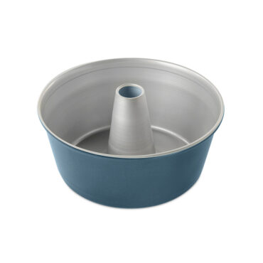 Nordic Ware aluminum angel food cake pan with twilight blue exterior and silver nonstick interior coating