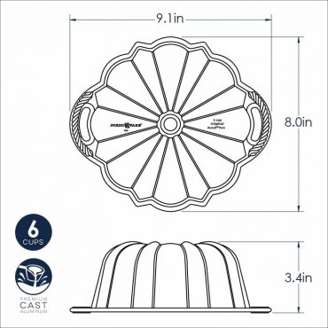 Nordic Ware cast aluminum 6-cup Anniversary Bundt pan with handles, fluted design, natural finish