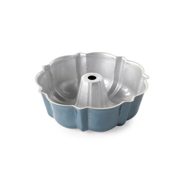 Nordic Ware 6-cup aluminum bundt pan with fluted design, twilight blue exterior and silver interior