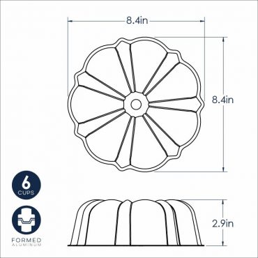 Nordic Ware 6-cup formed bundt pan dimensional drawing showing fluted design, 8.4-inch diameter, 2.9-inch height